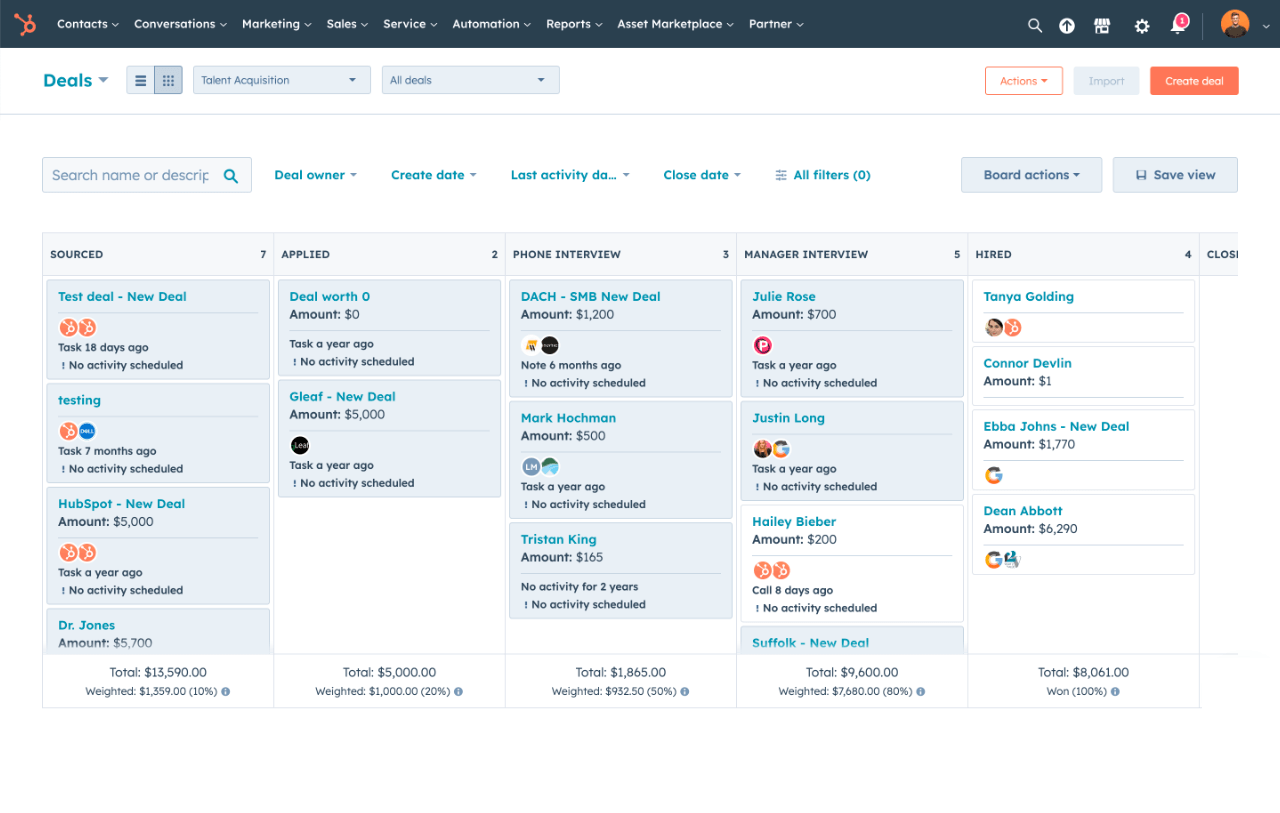Orbit CRM pipeline view showing deal stages, values, and owner avatars